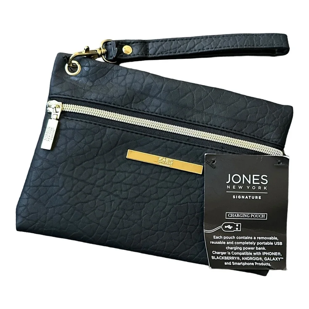 JONES NEW YORK Wristlet‎ Wallet Bag  Black Zip Black NWT Charging Pouch
